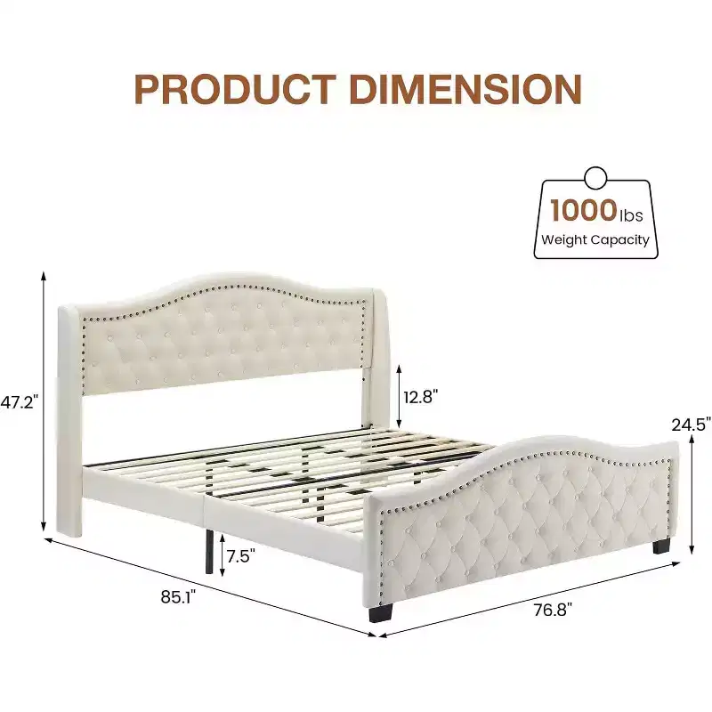 Acekool King Velvet Upholstered Bed Frame with Button Tufted Wingback Headboard, Footboard, Storage, No Box Spring Needed, Easy Assembly, Beige