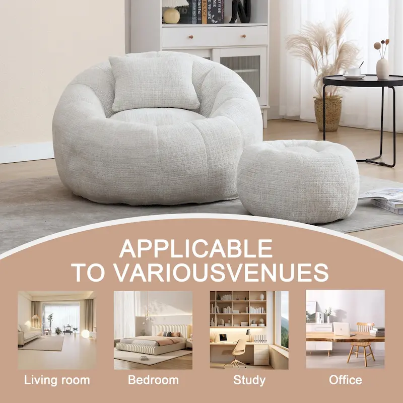 HOMEFUN Chenille Upholstered Round Lazy Cozy Bean Bag Chair with Ottoman and a Pillow