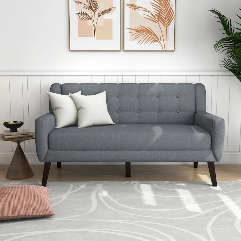 Tufted Linen/Cotton 2-Seater Sofa with Pillows