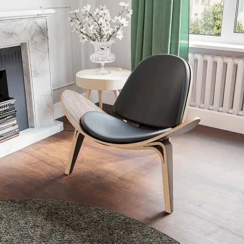 Mid-Century Style Shell Chair Upholstered Leather Lounge Chair