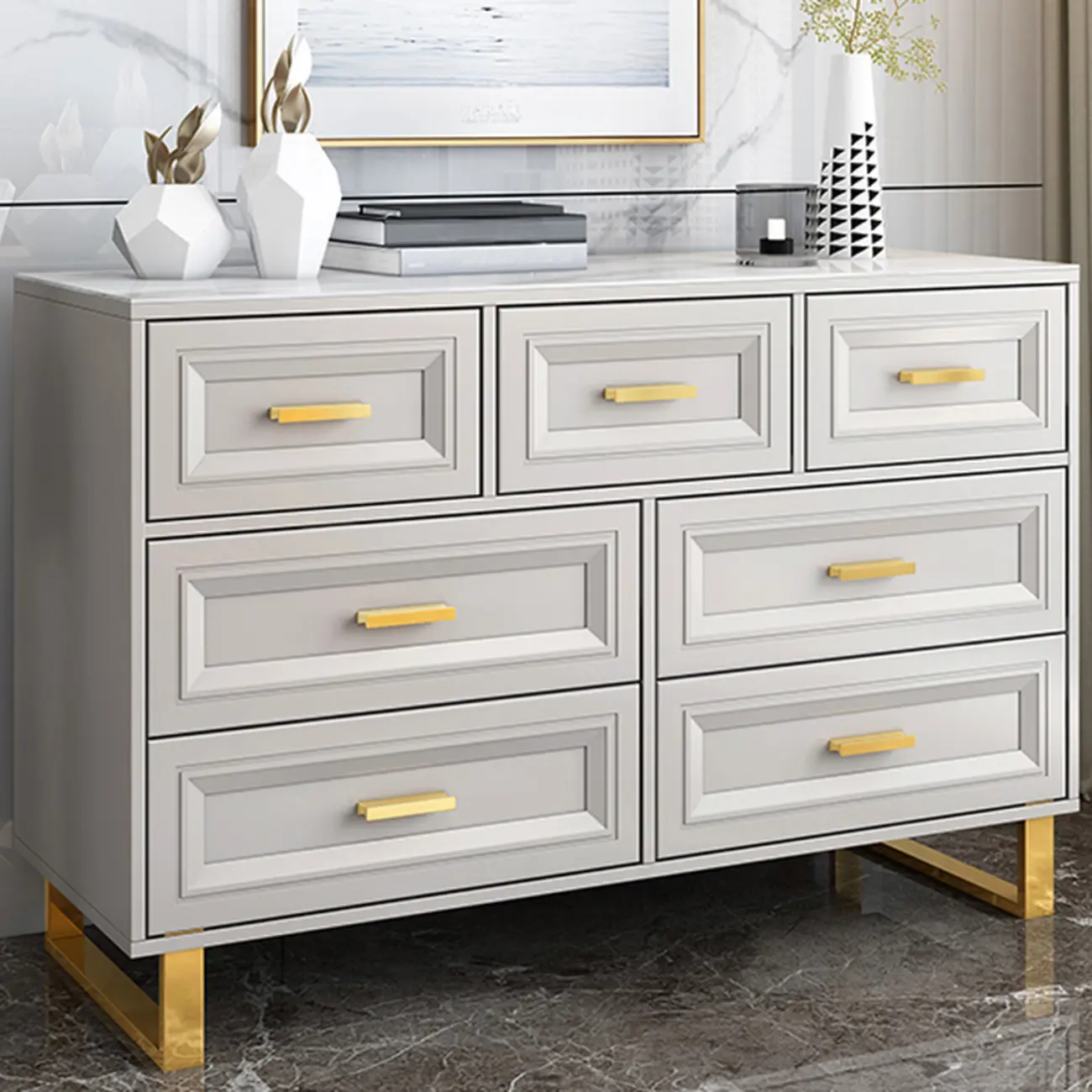 Glam Grey Wooden Combo Dresser with 7-Drawers