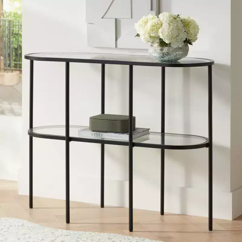 Studio 55D Remy Modern Metal Oval 2-Tier Console Table 40 x 15 with Storage Sandy Black Clear Glass Tabletop for Living Room