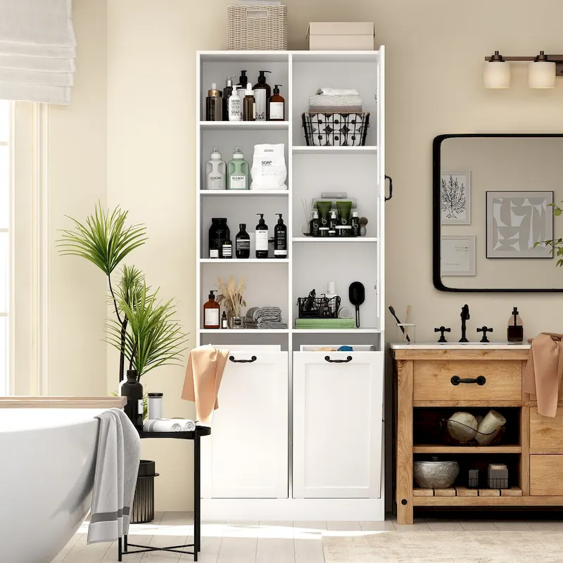 Sleek White Laundry Bathroom Cabinet with Unique Rotating Drawers