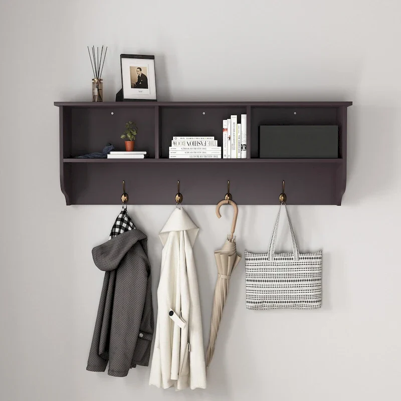 Espresso Wall-Mounted Coat Rack with 8 Hooks, Wooden Storage Shelf, 4-Person