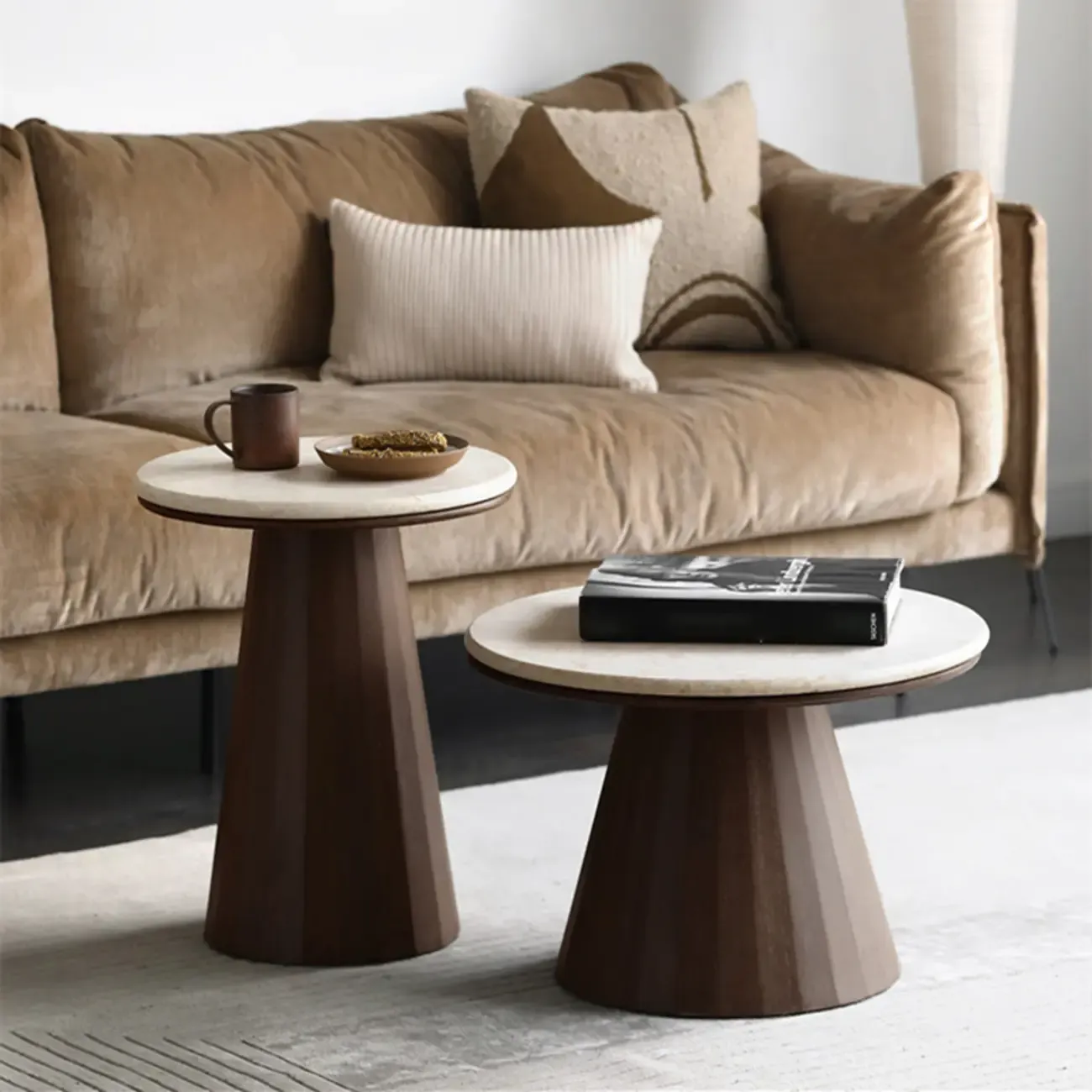 Minimalist Brown Stone-Top Wood Round Coffee Table