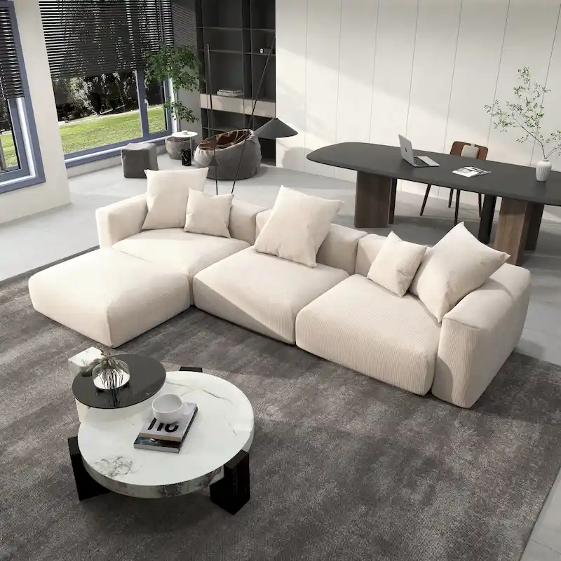 142  L-shape Oversized Corduroy Sectional Sofa Classic Deep Couch with Ottoman