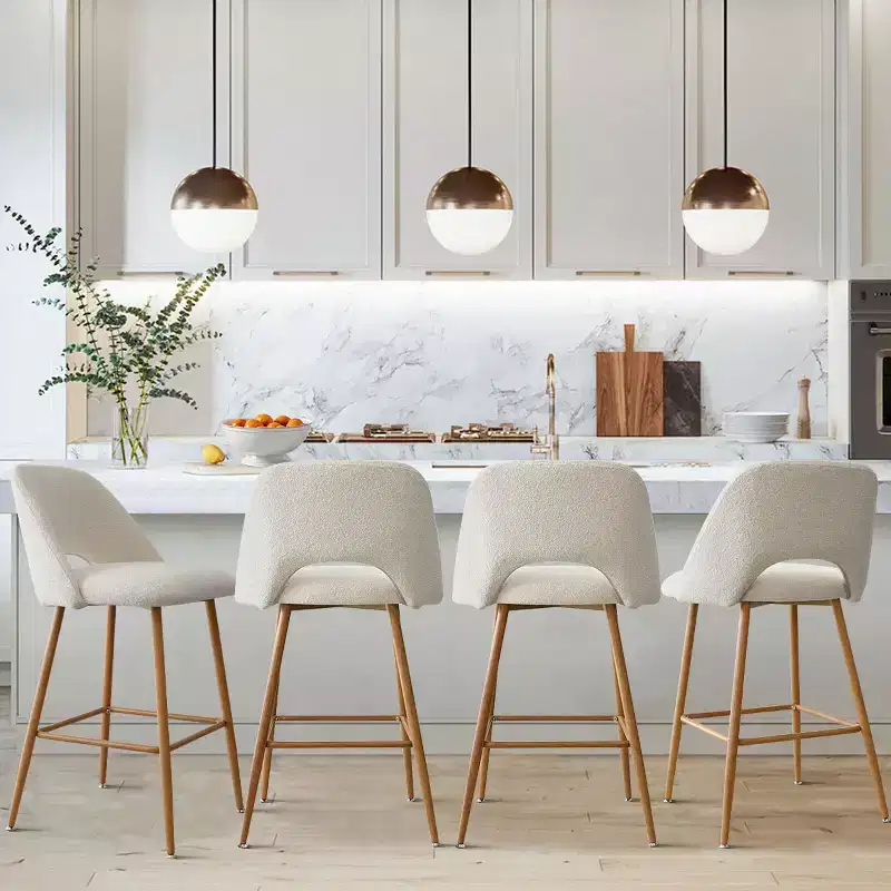 Set of 2 Boucle Counter Height Bar Stools, 27 Modern Upholstered Kitchen Island Chairs with Wood Finish Metal Legs - Panipeachy