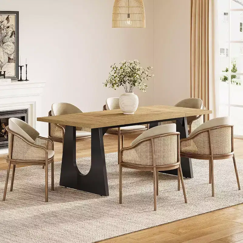 Lantine 70.8-inch Rectangle Dining Table for 6, Modern Wooden Kitchen Table with Black Heavy Duty Pedestal, Natural Color for Living Room.