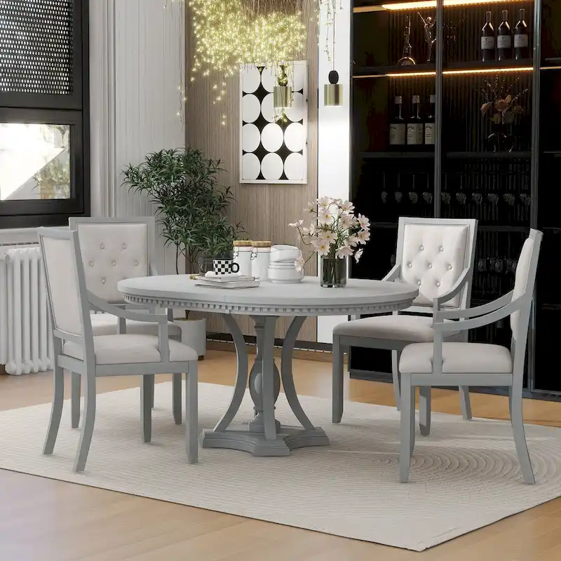 Extendable Dining Table and Chair Sets Rustic Farmhouse Dining Table and Chair Sets with Manual Leaf Extension for Kitchen