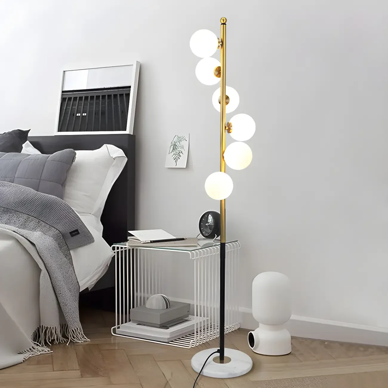 Modern 6-Light Curved Globe Glass Metal Vertical Floor Lamp