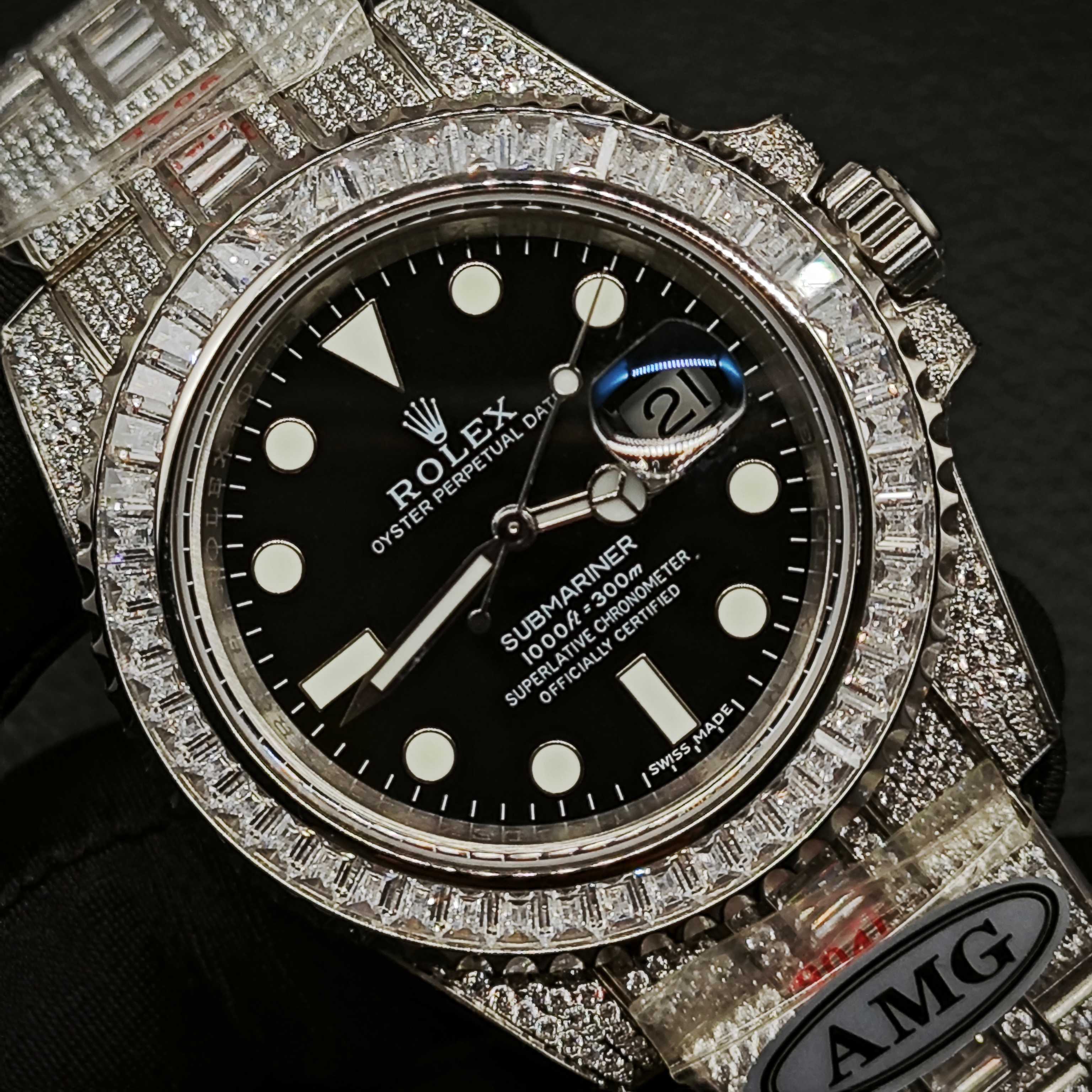 Luxury diamond-encrusted Rolex Submariner replica with black dial, cyclops date window and full pave bracelet