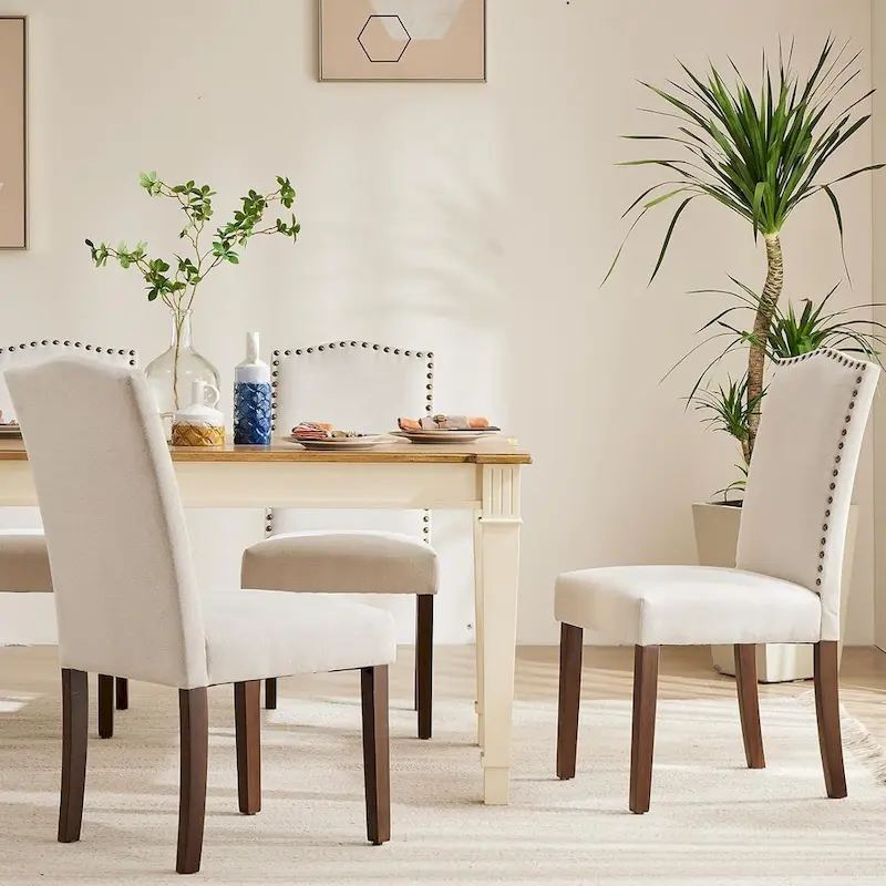 Upholstered Dining Chair Set of 2 with Nailhead Trim and Wood Legs