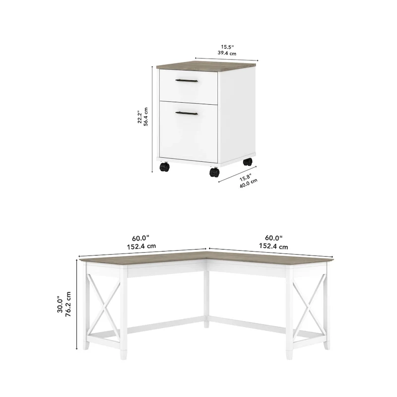 Key West 60W L Desk with 2 Drawer File Cabinet by Bush Furniture