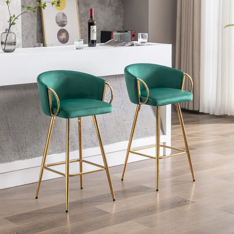 26 Inch Set of 2 Bar Stools,with Chrome Footrest and Base Velvet + Golden Leg Simple Bar Stool,GRAY