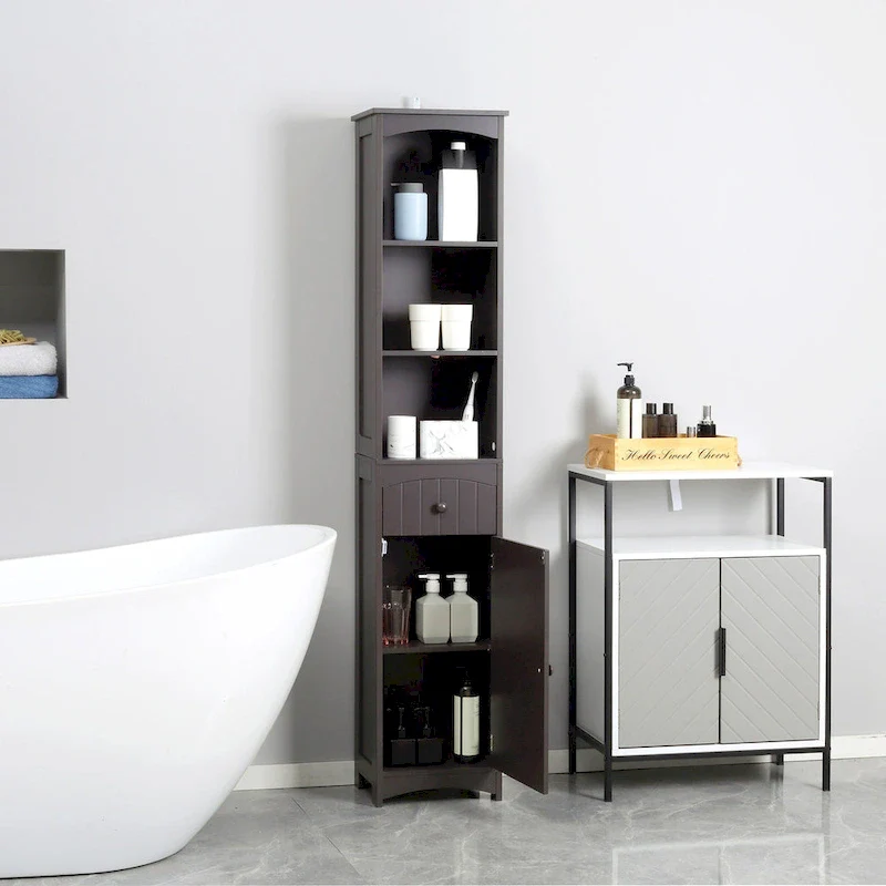 HOMCOM Bathroom Storage Cabinet, Free Standing Bath Storage Unit, Tall Linen Tower with 3-Tier Shelves and Drawer, Brown