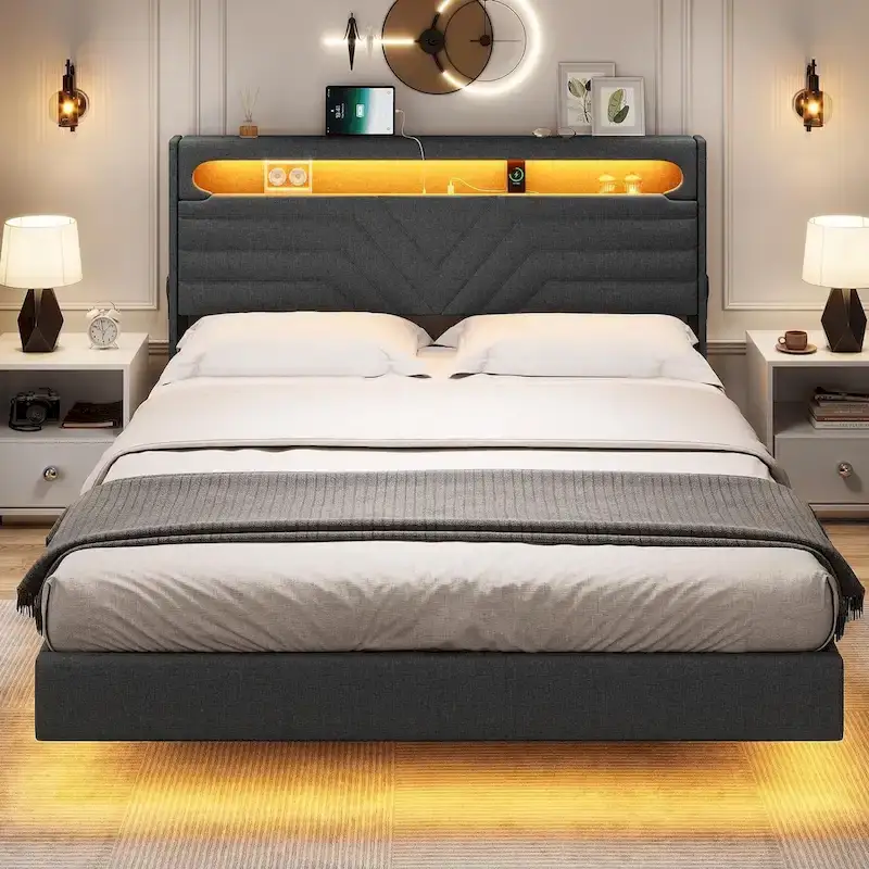 Floating Bed Frame Type-C Charging Station Hidden Storage Headboard