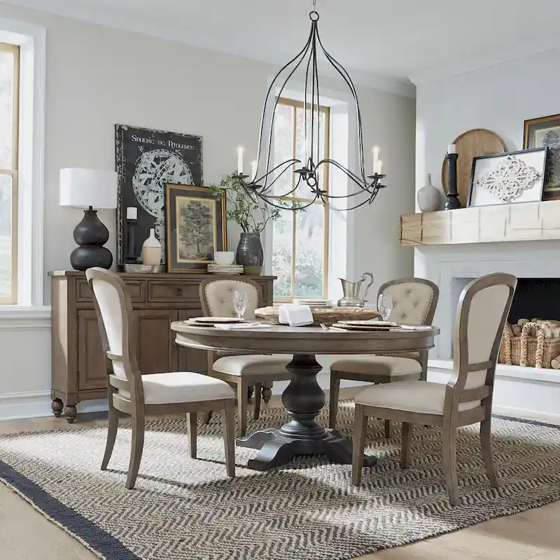 Americana Farmhouse Dusty Taupe Pedestal Table Set with Dining Chairs Options