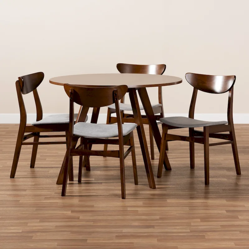 Solid Wood Dining with Half-Round Legs, 4 Chairs & Bench – Natural / Grey, Seats 6