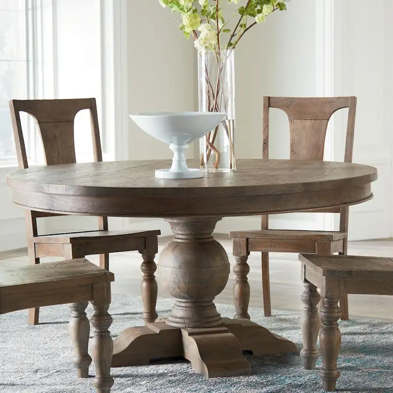 Round Dining Table in Weathered Teak Finish