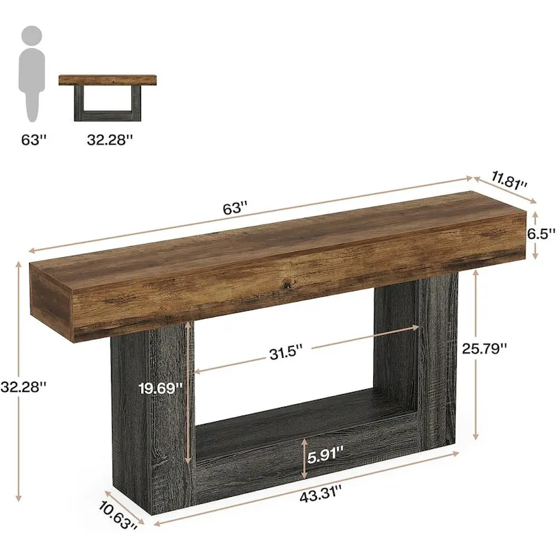 Farmhouse 2 Tiers Entryway Table, 63 Inches Console Table, Narrow Sofa Table