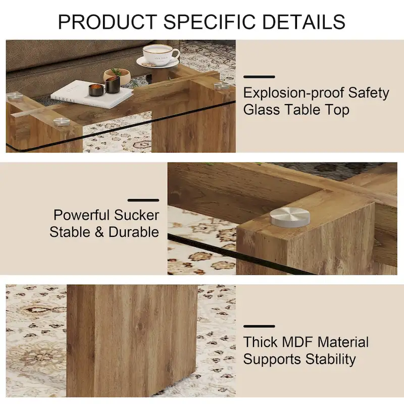 Tempered Glass Coffee Table with MDF Column Legs
