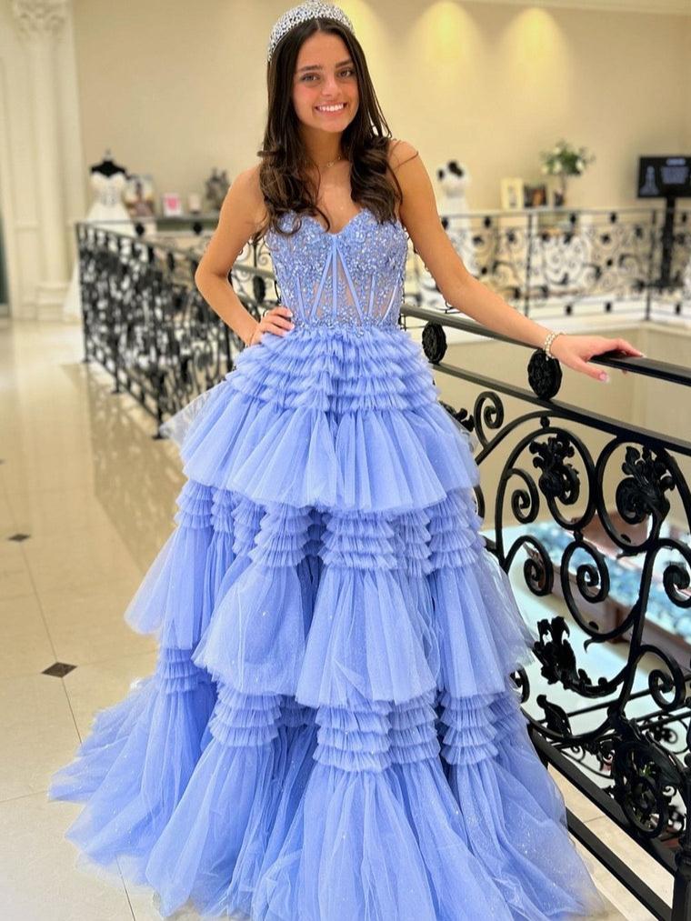 A-Line Sweetheart Tiered Long Tulle Prom Dress