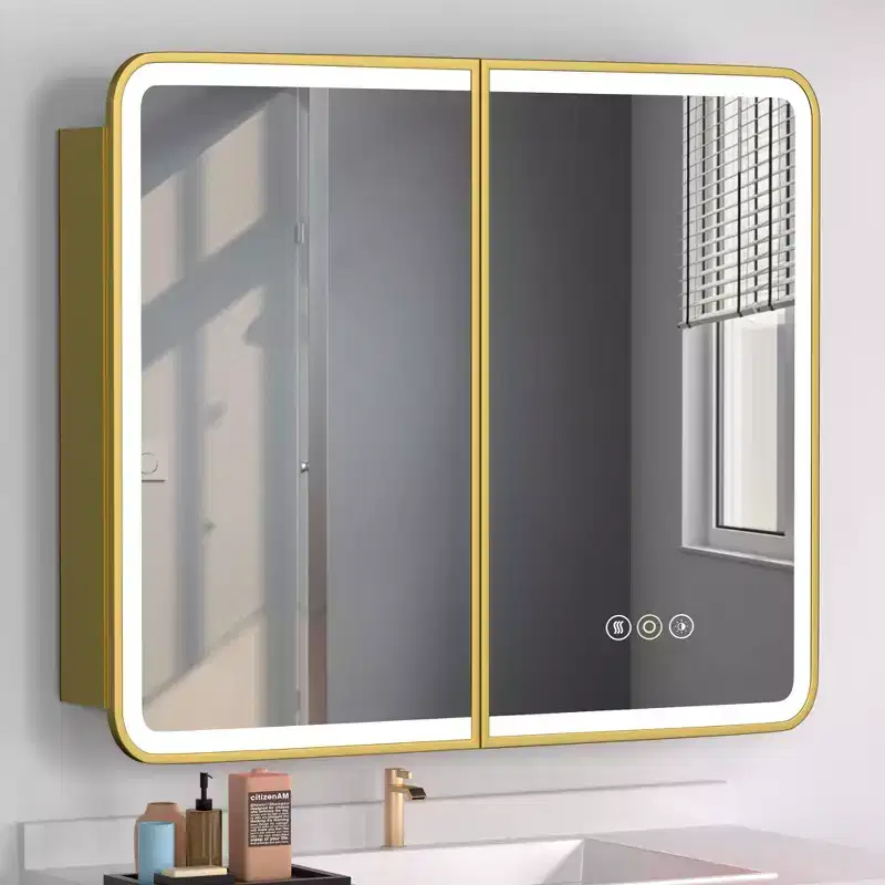 Aris 36x32 LED Medicine Cabinet with Mirror, Wall/Recess Mount Bathroom Cabinet, Dimmable, 3-Mode Light, Anti-Fog, Adjustable Shelves, Gold