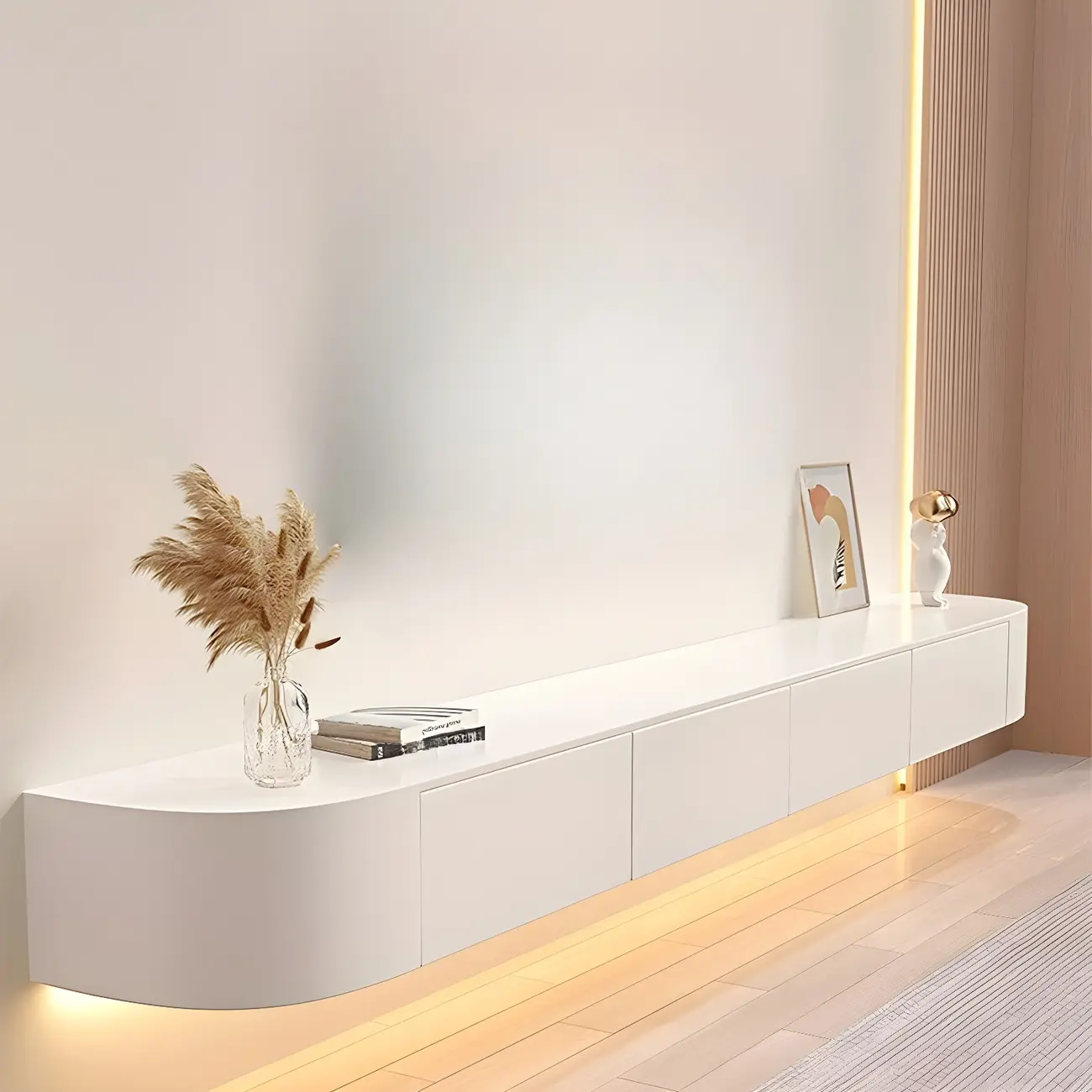 Glam Wooden Floating TV Stand in White with Drawers & Shelves