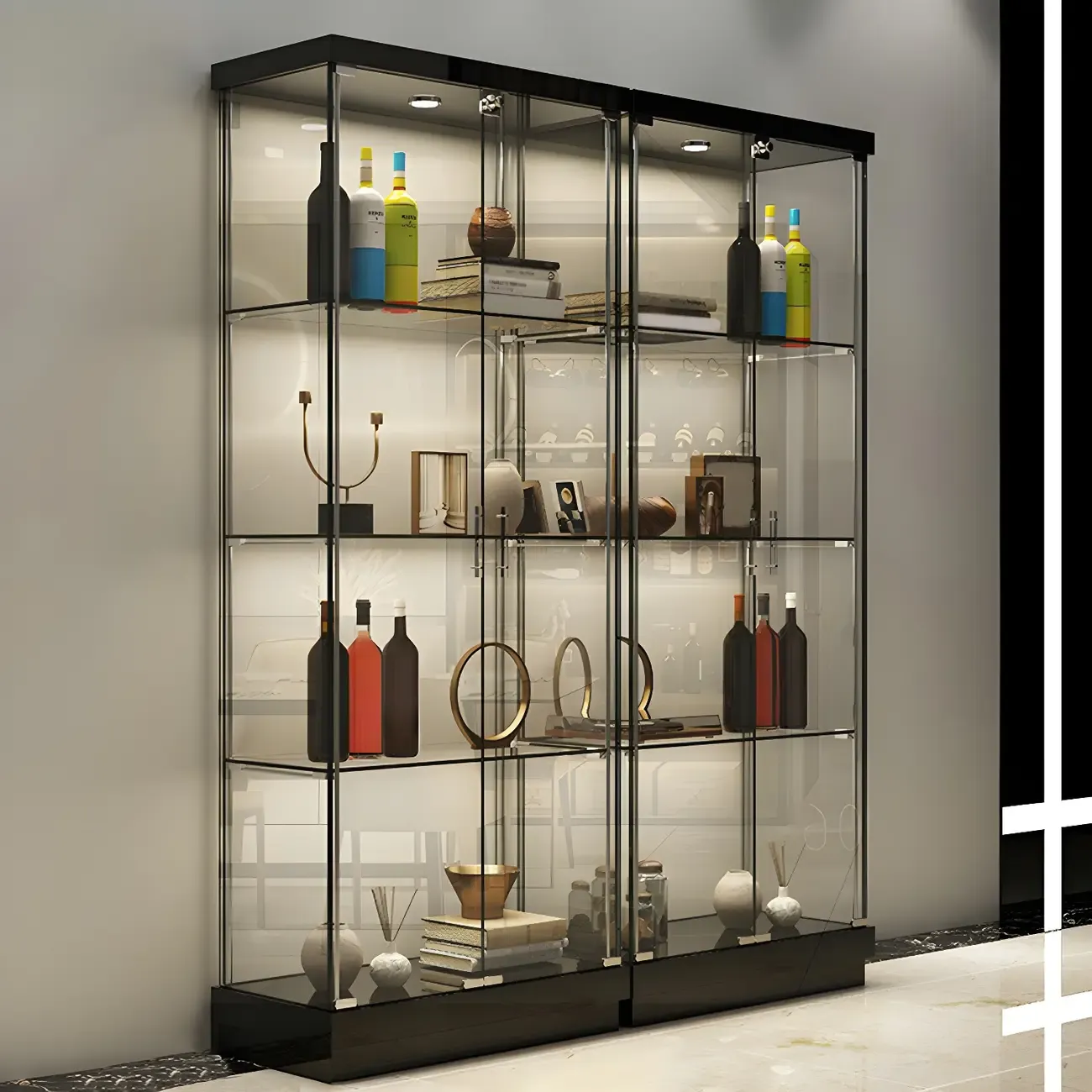 Fashion Black Clear Glass Tall Curio Cabinet with Light