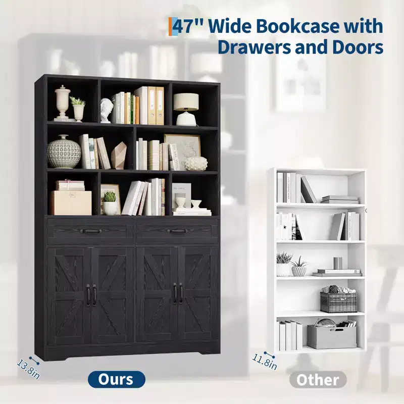 71 H x 47 W Wooden Kids Bookcase - 6-Tier Storage Cabinet with 2 Drawers & 4 Doors - Large Organizer Shelf for Kids' Room, Living Room or Office