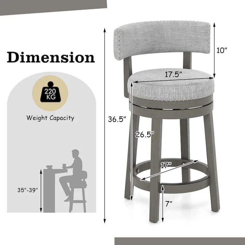 Swivel Bar Stool - Gray Upholstered - 27