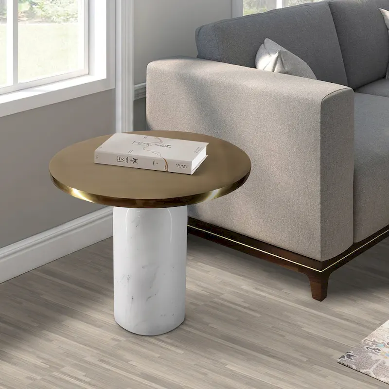 Round Accent Side Table, Brass & White, Aluminum Top with Marble Base