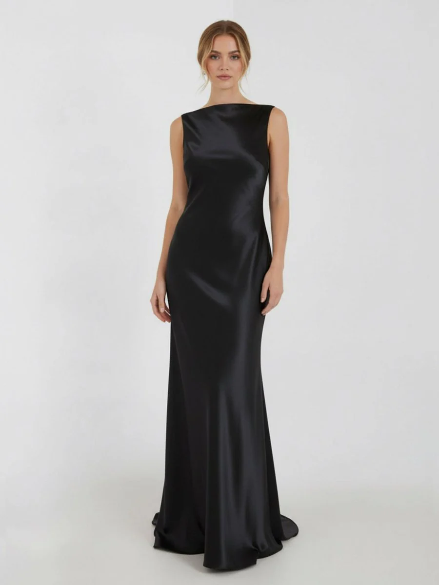 Sheath High Bateau Neck Backless Silk Satin Wedding Dress
