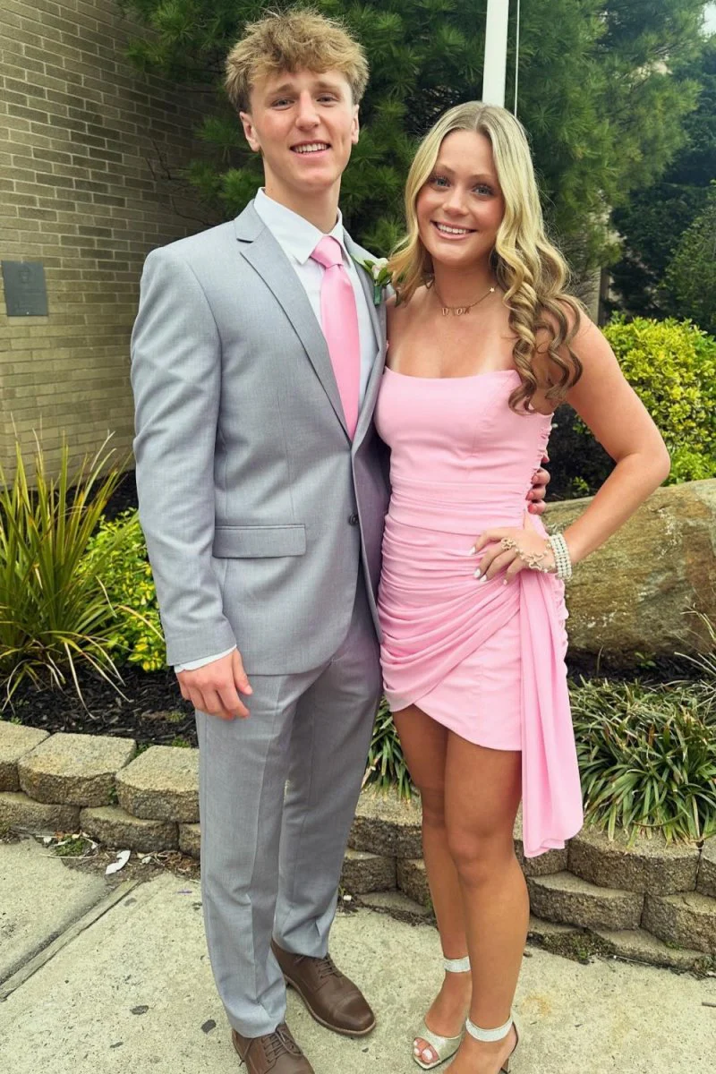 Pink - Sheath Strapless Pleated Short Homecoming Dresses With Train