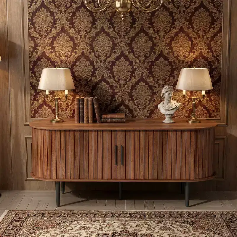 JVNOXK 47 Walnut Modern TV Stand with Sliding Door & Storage Compartment