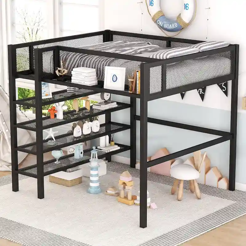 Full Size Metal Loft Bed with 4-Tier Shelves and Storage
