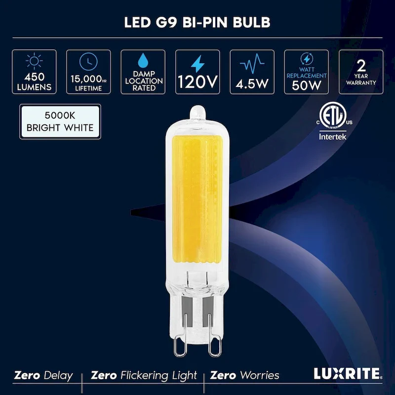 Luxrite G9 LED Bulb Dimmable 4.5W, 50 Watt Equivalent, 450LM, Glass G9 Bi Pin Base, ETL (10 Pack)
