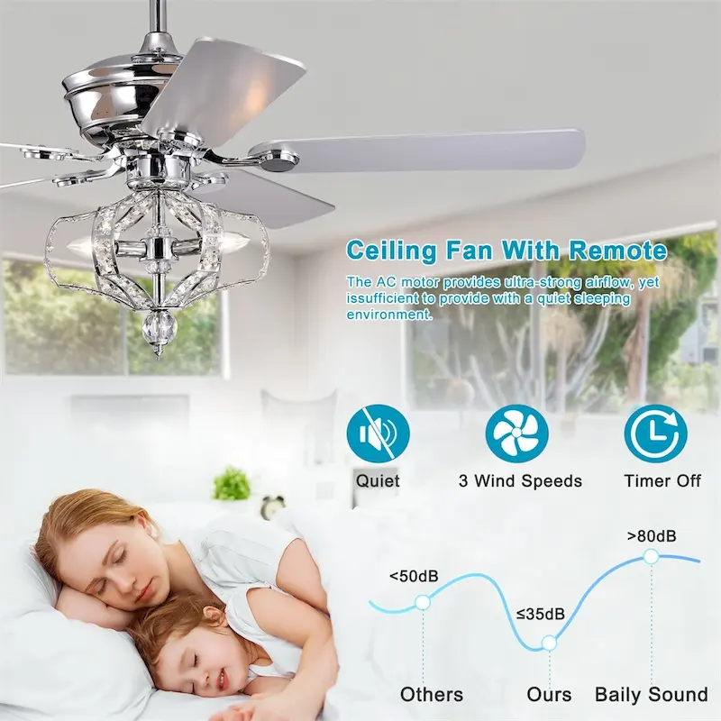 Crystal Ceiling Fan with Lights, Reversible Blades 3 Wind Speeds