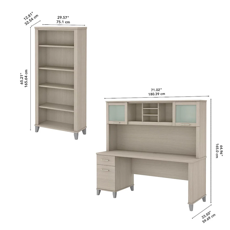 Somerset 72W Office Desk with Hutch and 5 Shelf Bookcase in Ash Gray