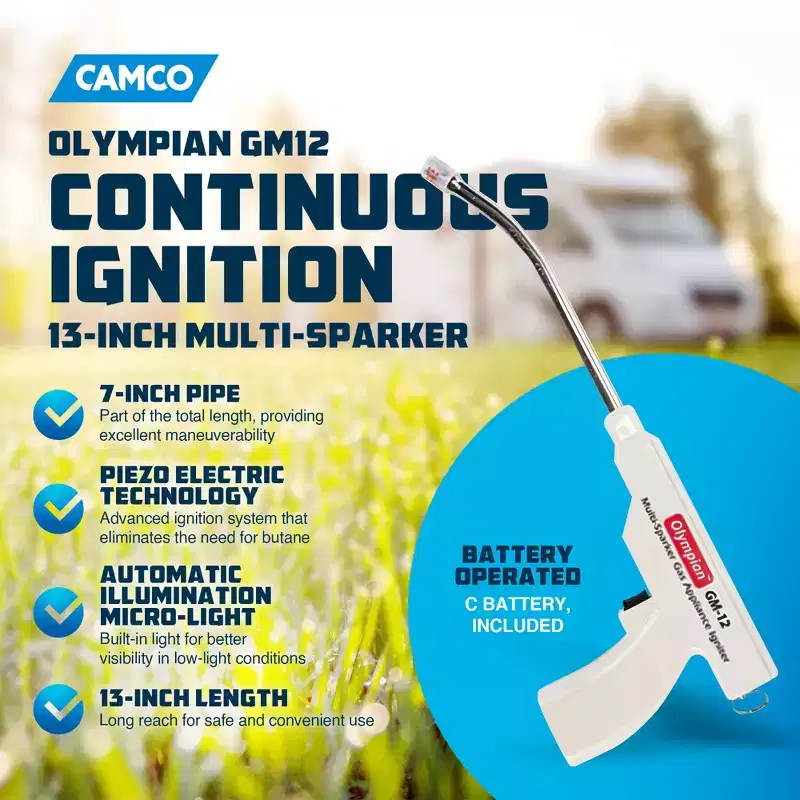 Camco Olympian GM12 Continuous Ignition 13 Inch Multi Sparker with Automatic Illumination Micro Light and Curved Nozzle, Off White
