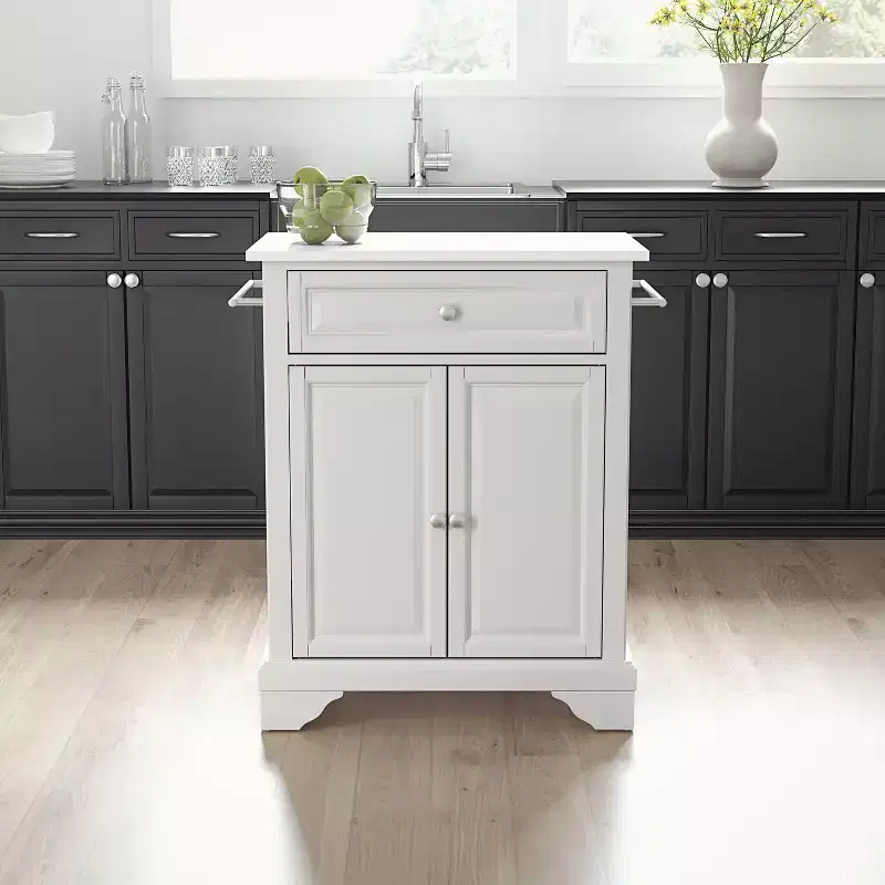 Lafayette Stone Top Portable Kitchen Island/Cart White - Crosley: MDF Frame, Stone Surface, Towel Bar, Casters, 2 Doors