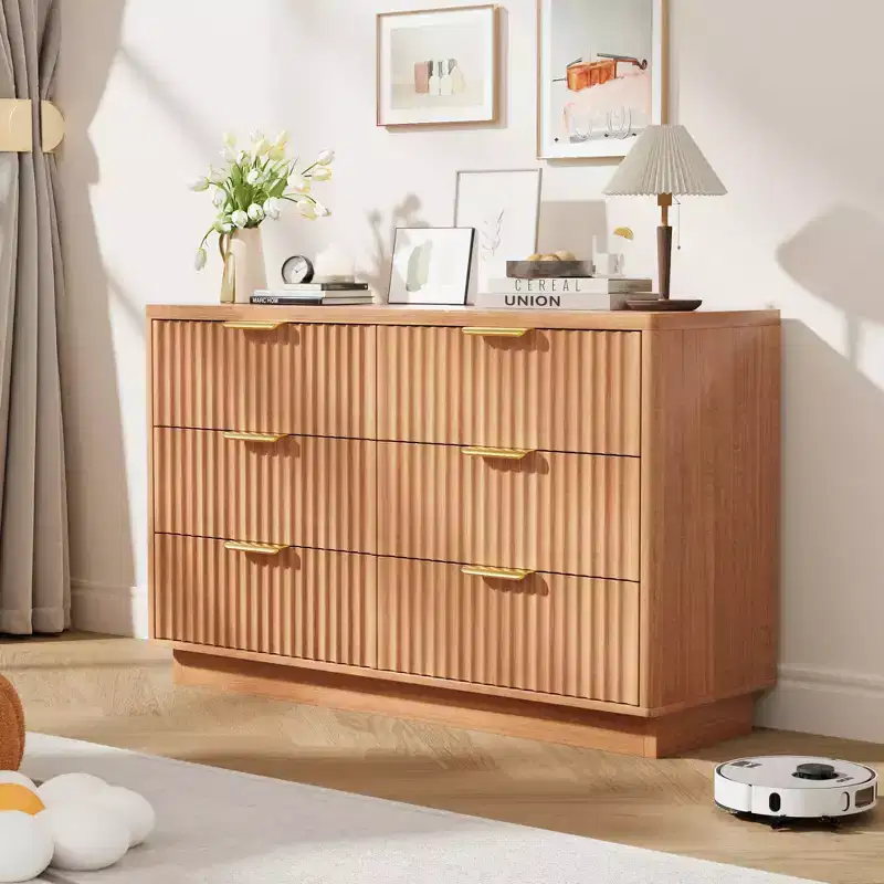 Modern 6 Drawer Dresser for Bedroom, 47 in Wood Chest of Drawers, Compact Nursery Dresser Storage Cabinet for Closet Living Room Apartment, Natural