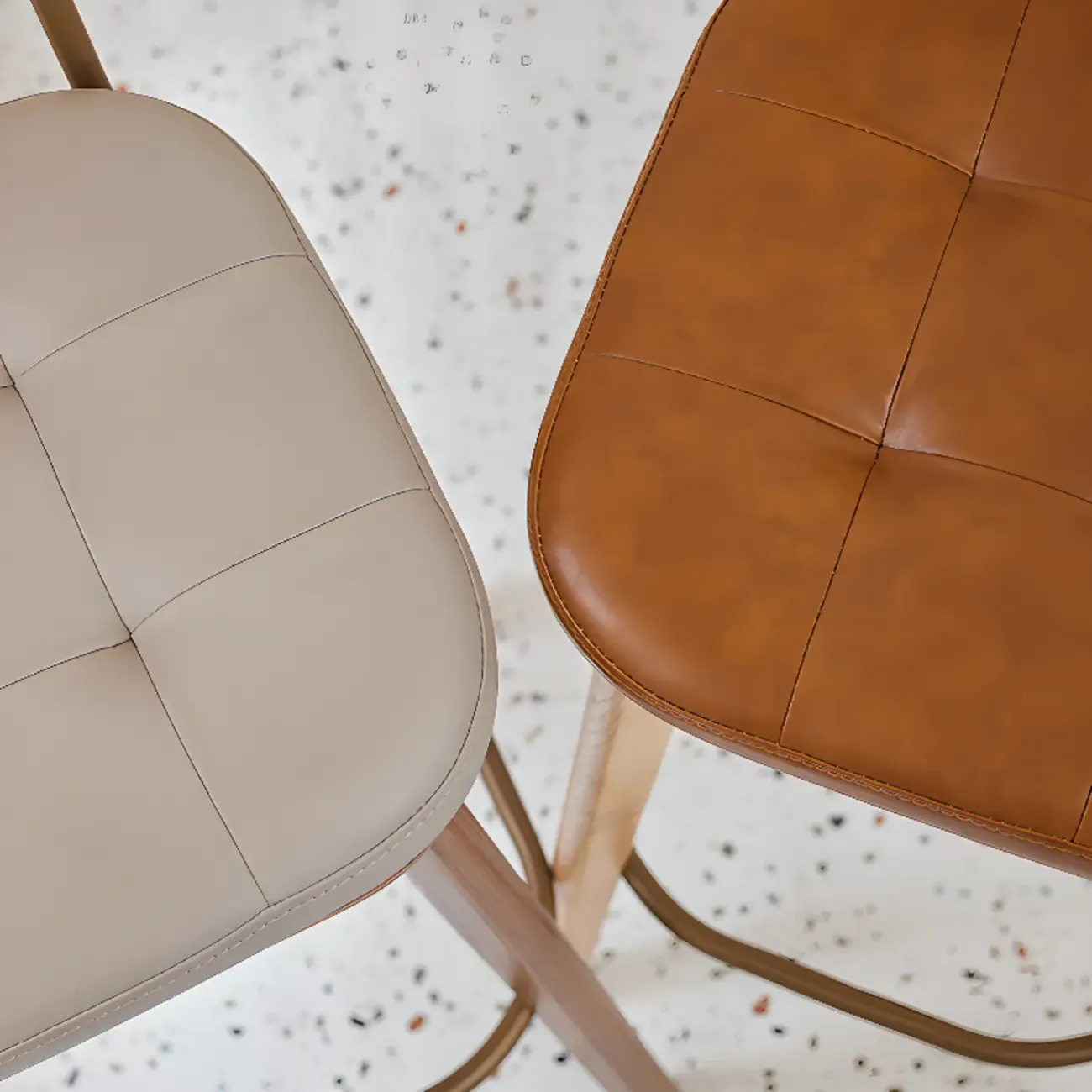 Mid-Century Modern Leather Square Bar Height Stools with Backs
