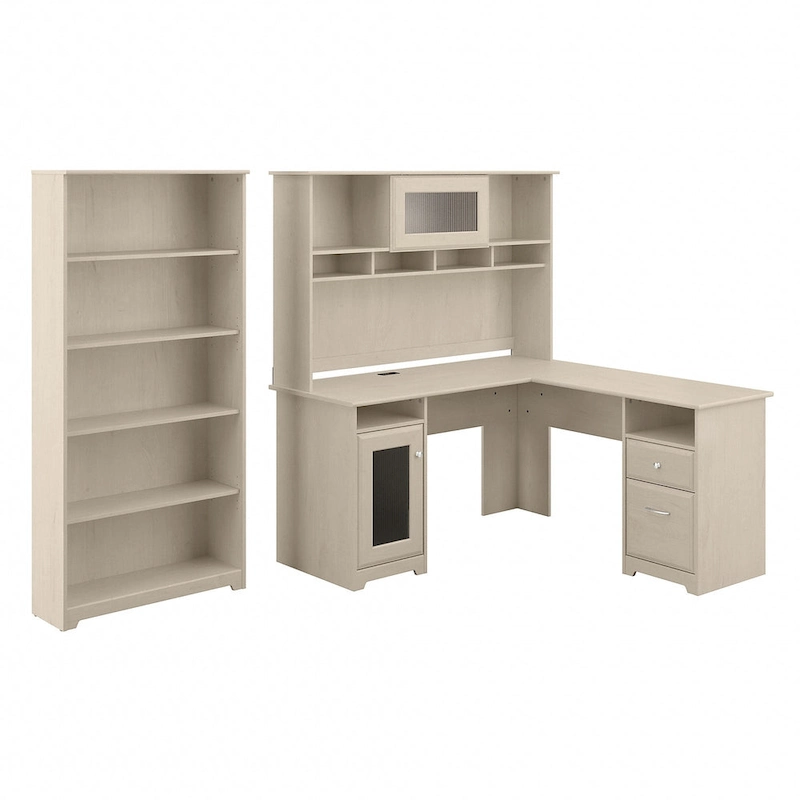 Cabot 60W L-Desk with Hutch and 5 Shelf Bookcase by Bush Furniture