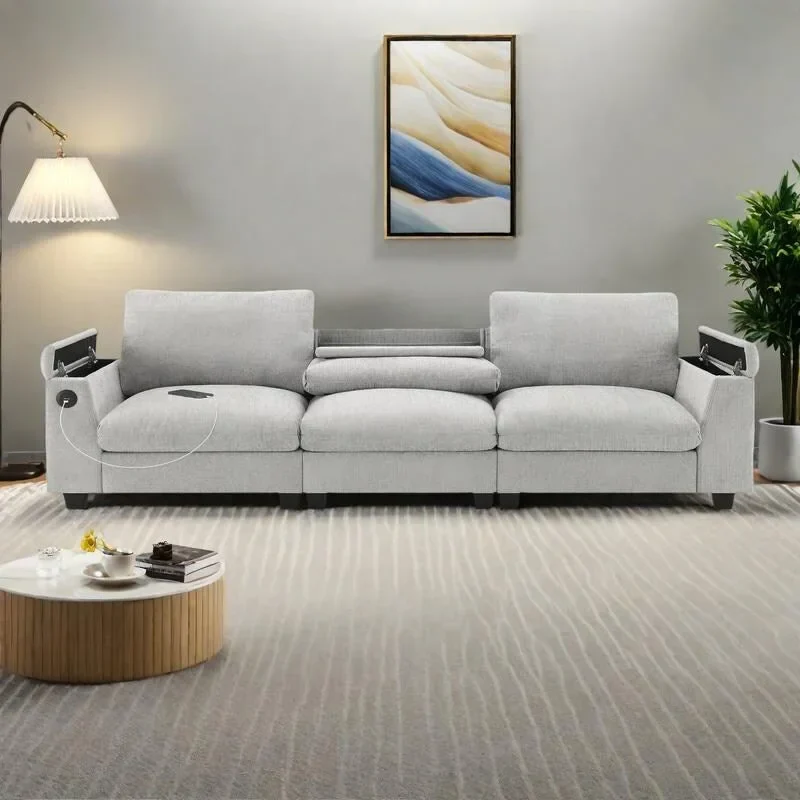 96 Chenille Smart Sectional Sofa with Bluetooth Speaker, Drop-Down Table & USB Charger and 3-Seater Cloud Couch