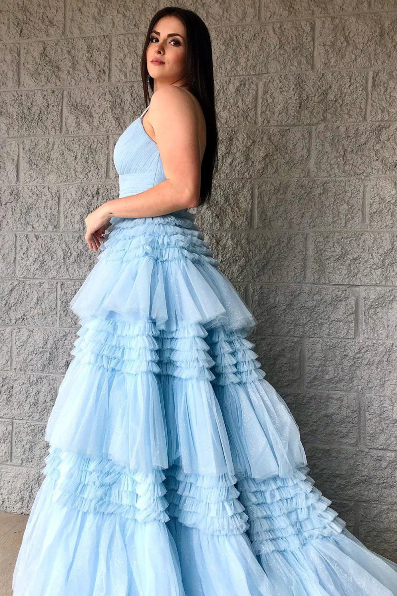Tulle Deep V Neck Spaghetti Straps Long Prom Dress