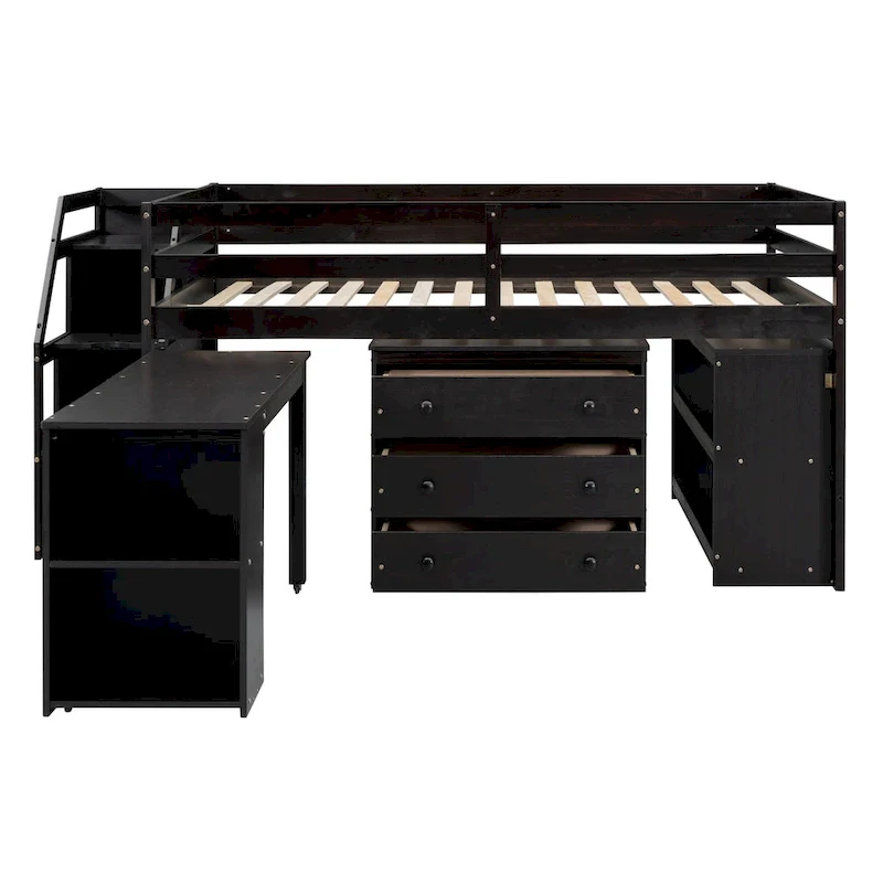 Espresso/Gray/White Full Size Loft Bed with Desk, Drawers & Shelves, for 1