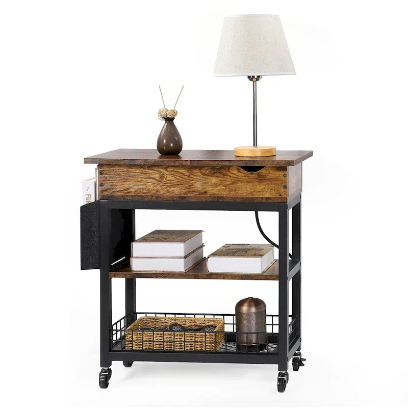 Wood Top End Table with Charging Station & Storage Bag – Brown, Metal Frame, Modern Style