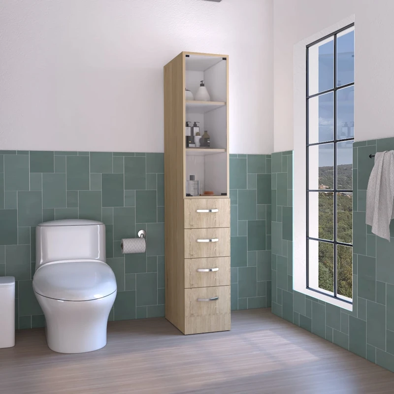 Modern Linen Cabinet for Bathroom, Three Shelves,Four Drawers -Light Pine/White