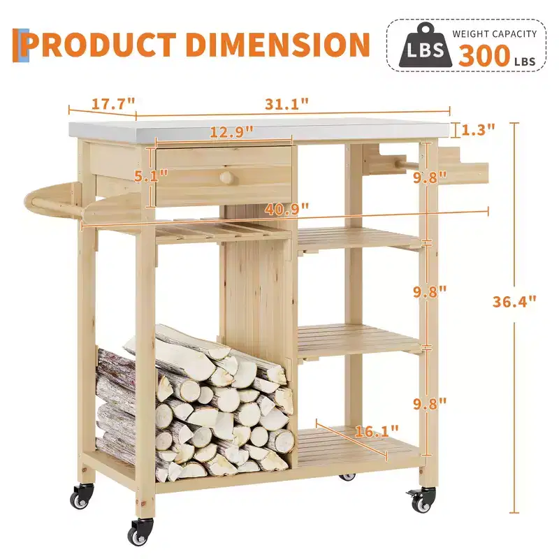 Outdoor Grill Cart for Patio, Garden  Sturdy Wood Frame, Stainless Steel Top, Storage Drawer, Open Shelves, Rolling Kitchen Island with Towel Racks